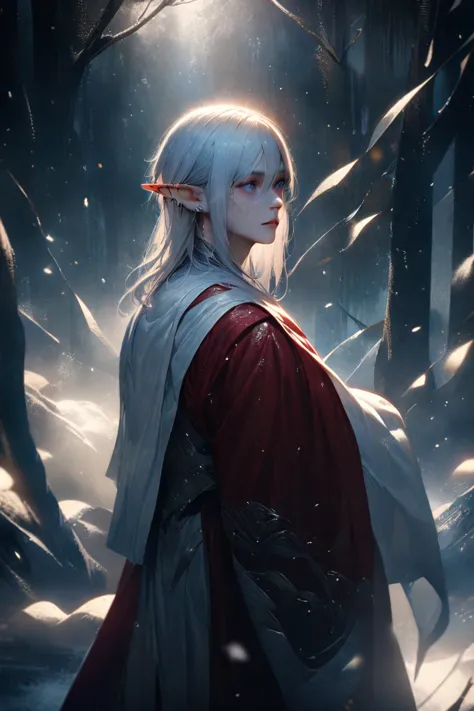 male elf, blue eyes, Snowy forest at night, Armor dress with white scales and a red robe