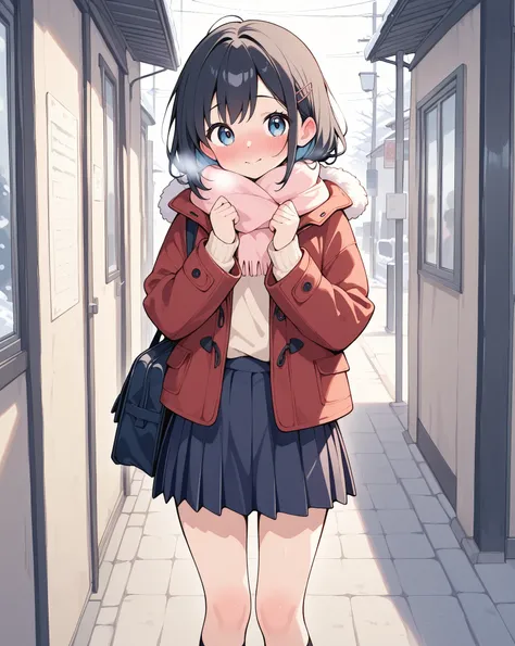 A cute high school girl getting her skirt flipped over by someone、anime style、is embarrassing、 standing、Blushing with a troubled face , Winter clothes、knee-high