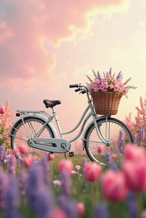  Vintage white brand new ladies bicycle stands in front of the viewer with a wicker pure white openwork basket with bright spring hyacinths and tulips flowers against the background of a field of flowers on a pink lilac sky