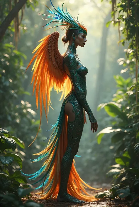 A bird of paradise in human form walking and than flys off