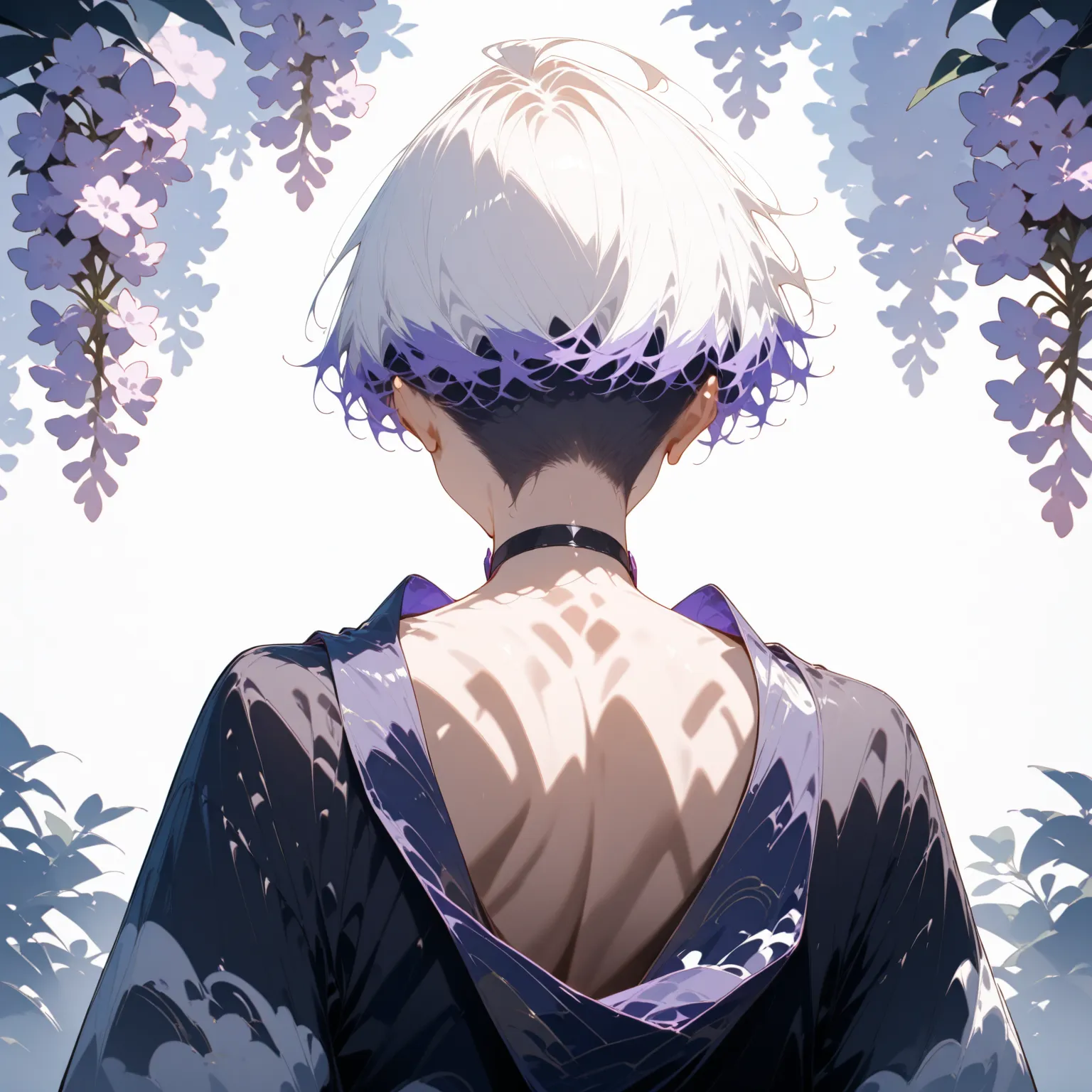 masterpiece, high score, great score, absurdres,
1boy,male focus, upper body,20-yo, クモイエイテル, toned,twink,white hair, side-parted, lilac highlights,avant-garde japanese clothes,black choker,purple collar accent,back view,from behind,white background,year 20...