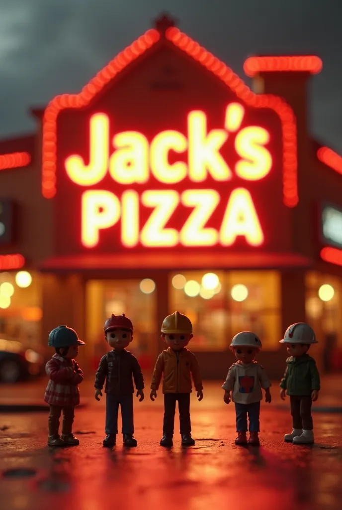 "A group of tiny people standing in front of a massive illuminated sign that says 'Jack’s Pizza'. They look amazed and excited as if they are about to enter a magical world of pizza. The background is warm and inviting, with the glow of the restaurant’s li...