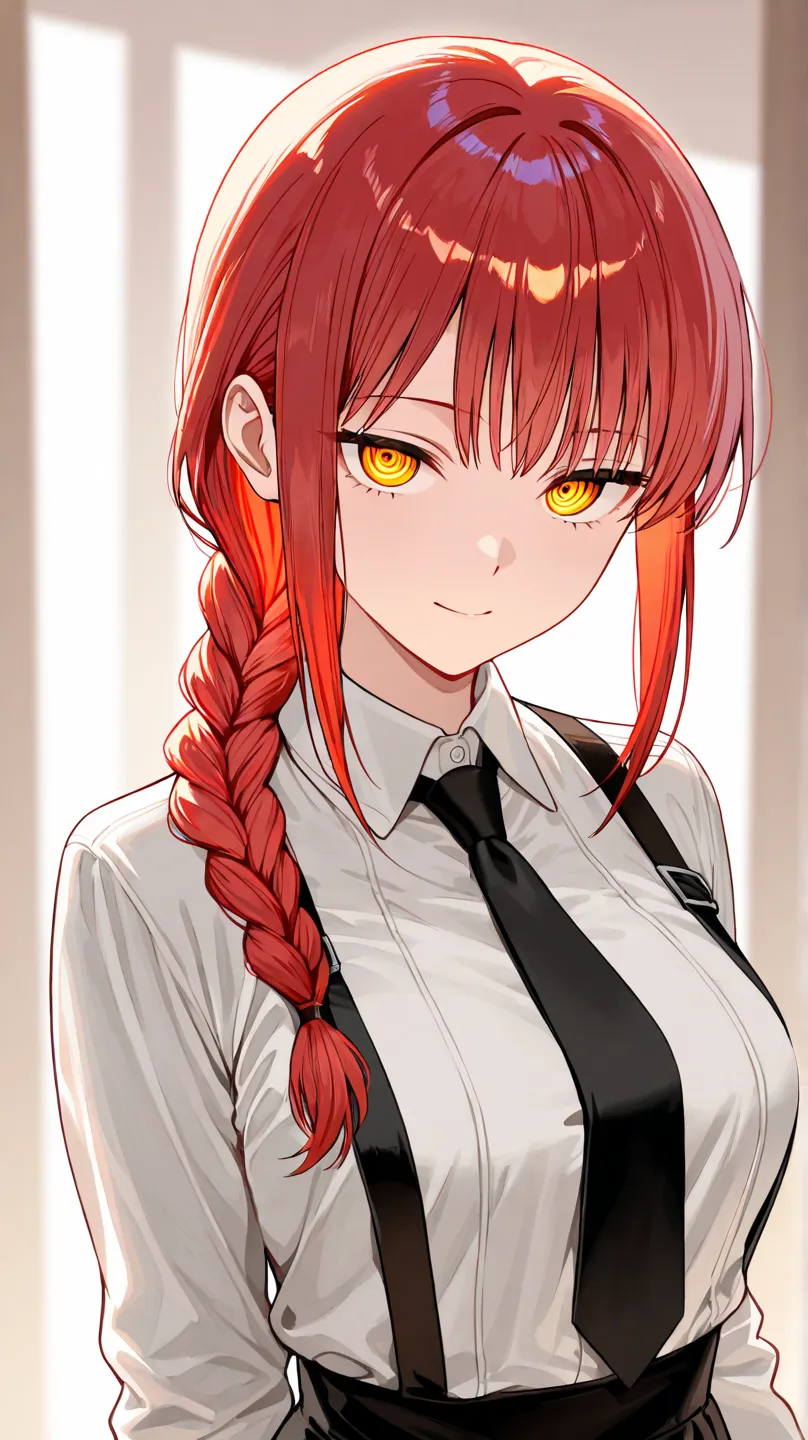 makima_v1, 1girl, red hair, ringed eyes, braided ponytail, solo, black necktie, shirt, collared shirt, black_pants,