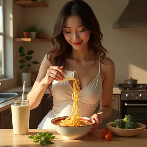 A woman who puts packed milk in instant cup noodles。Cup noodles are Nissin cup noodles。Milk is Morinaga milk。 looks delicious。 beauty。big breasts。