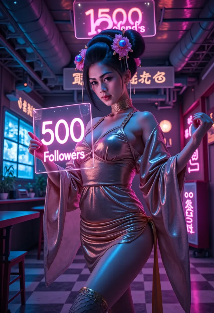 A photorealistic, cinematic painting of a cyberpunk plump muscle geisha holding a holographic poster that reads '500 Followers' in vibrant, glowing text. The geisha is performing an alluring dance in a neon-lit, futuristic teahouse. She wears a revealing y...