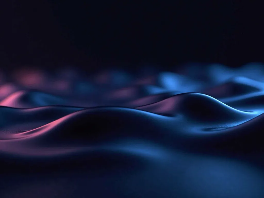 "A futuristic, high-definition 4K wallpaper with a dark elastic aesthetic. The image features smooth, flowing, and stretching shapes that resemble liquid rubber or elastic polymer, illuminated by subtle neon glows in deep blue and purple hues. The backgrou...