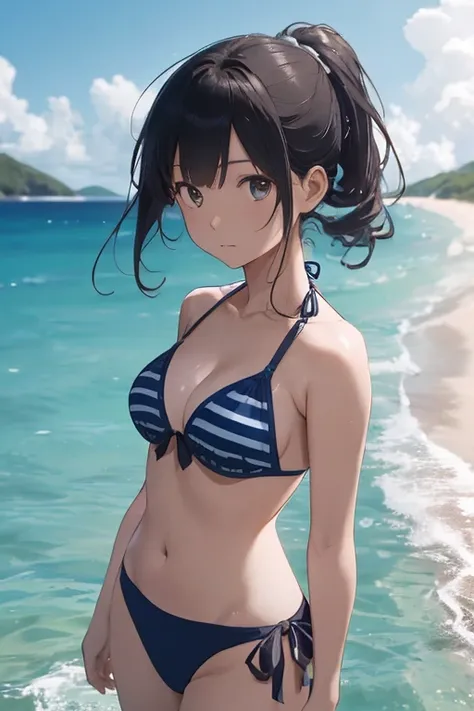 Set against the backdrop of a stunning deserted island, multiple young and beautiful Japanese women are depicted wearing bikinis with light blue and white stripes. They stand on a pristine white sandy beach, with a transparent blue sea and lush green islet...