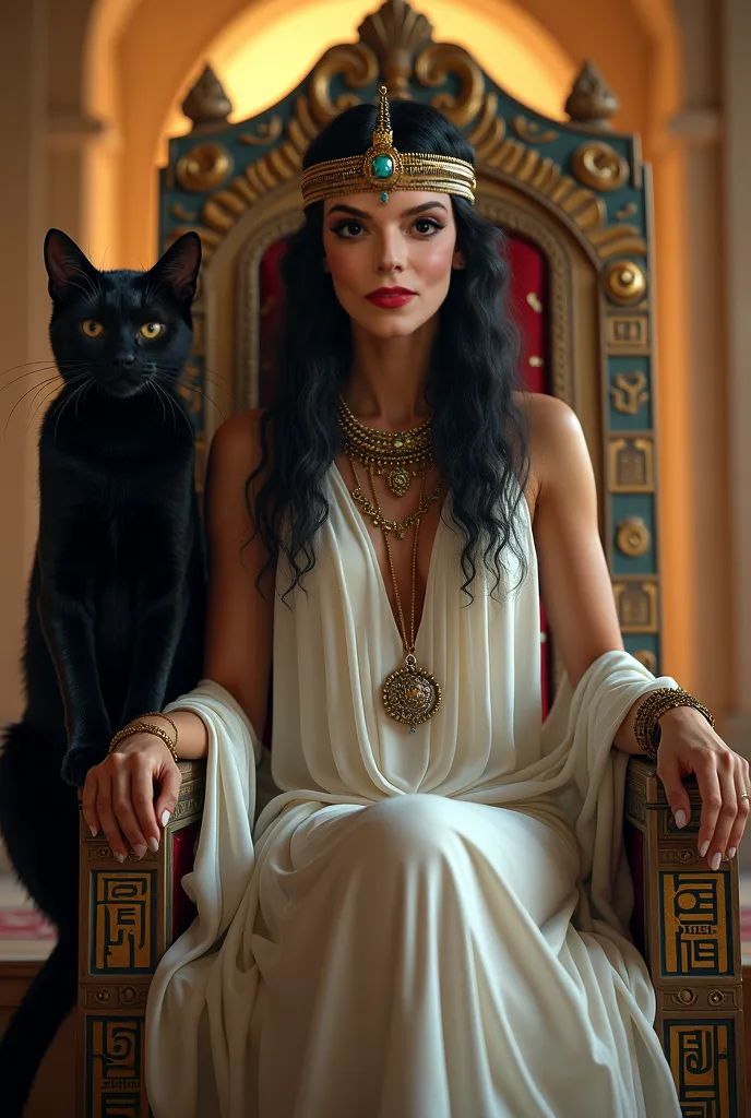 Kleopatra on her throne, a black syphinx cat beside her, close up, egypt mythology, 4k, dark ambient, white clothe, realistic, photorealism