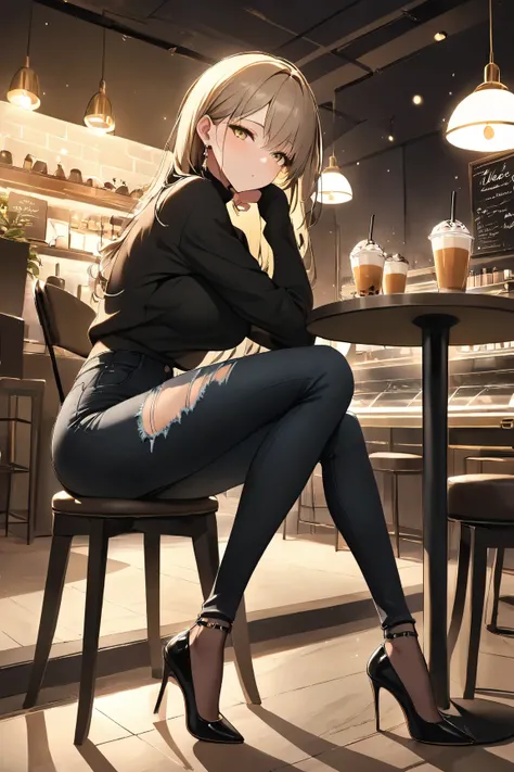 black tight jeans with holes　 black stilettos 　 beautiful feet　 gal　Cafe　 black knit　 Gold　face up