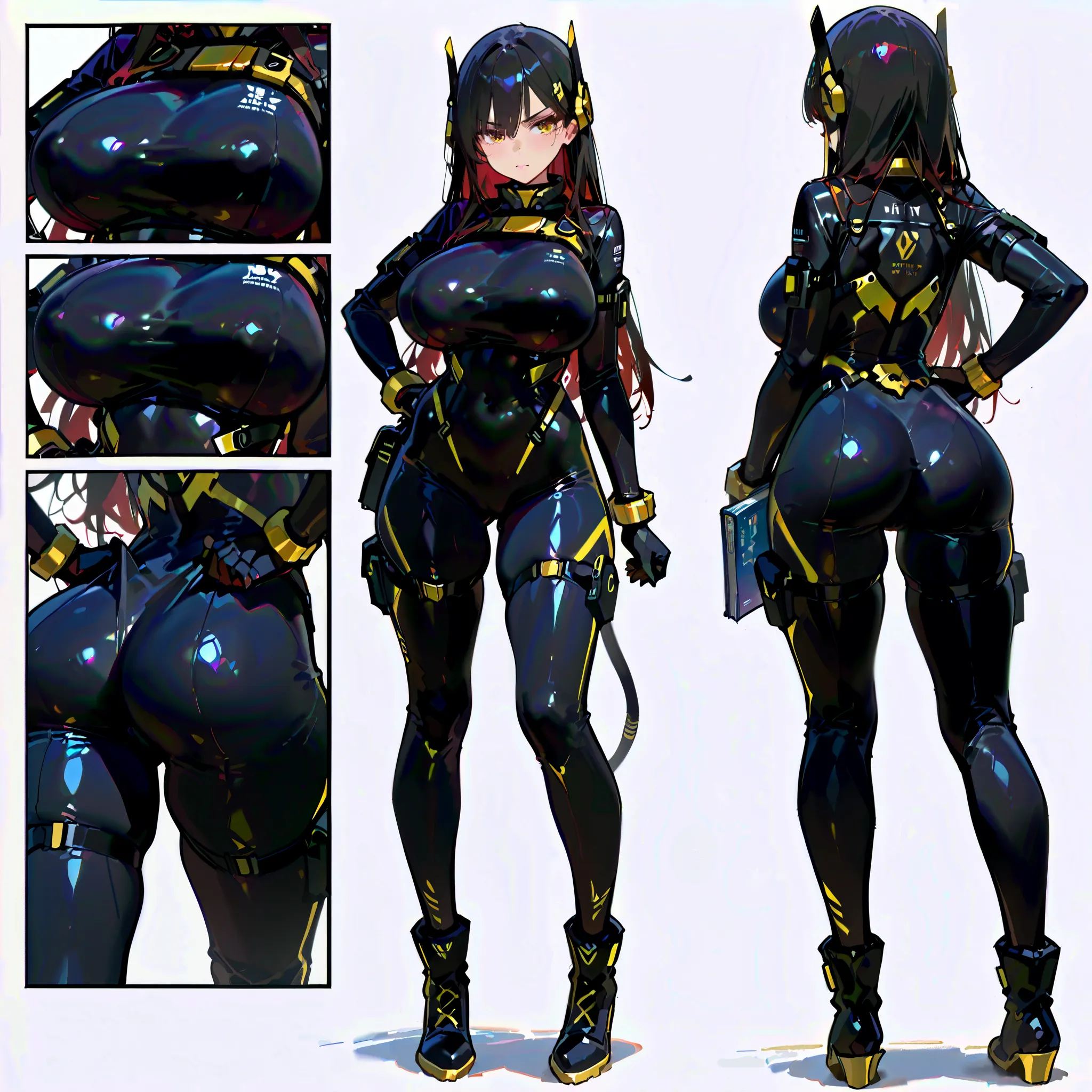 (((masterpiece))), (((Best Quality))), ((Ultra-detailed)), (High Definition anime Illustration), ((extremely delicate and beautiful)),((1 mechanical girl)),solo, Full body, shaggy jet-black longhair, gold eyes, tan skin,((Fitting Thin black bodySuit)),An a...