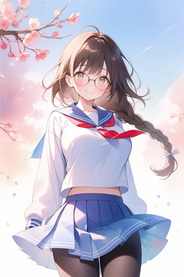 (ultra detailed:0.7), cover image, (soft pastel tones, watercolor, (bright color:1.3), transparent, gradation, harmonious and calm atmosphere:1.1), (cute girl with single braid), (dark brown hair, low-braided long hair, braid with white ribbon), 17yo, ligh...