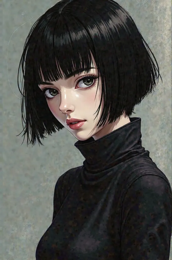  In the style of JoJo's Bizarre Adventure、a young woman with androgynous looks and striking features.  she has pale skin and short ,  straight dark hair  ,  straight cut at the chin line .  her eyes are big and expressive , cold and distant expression .you...