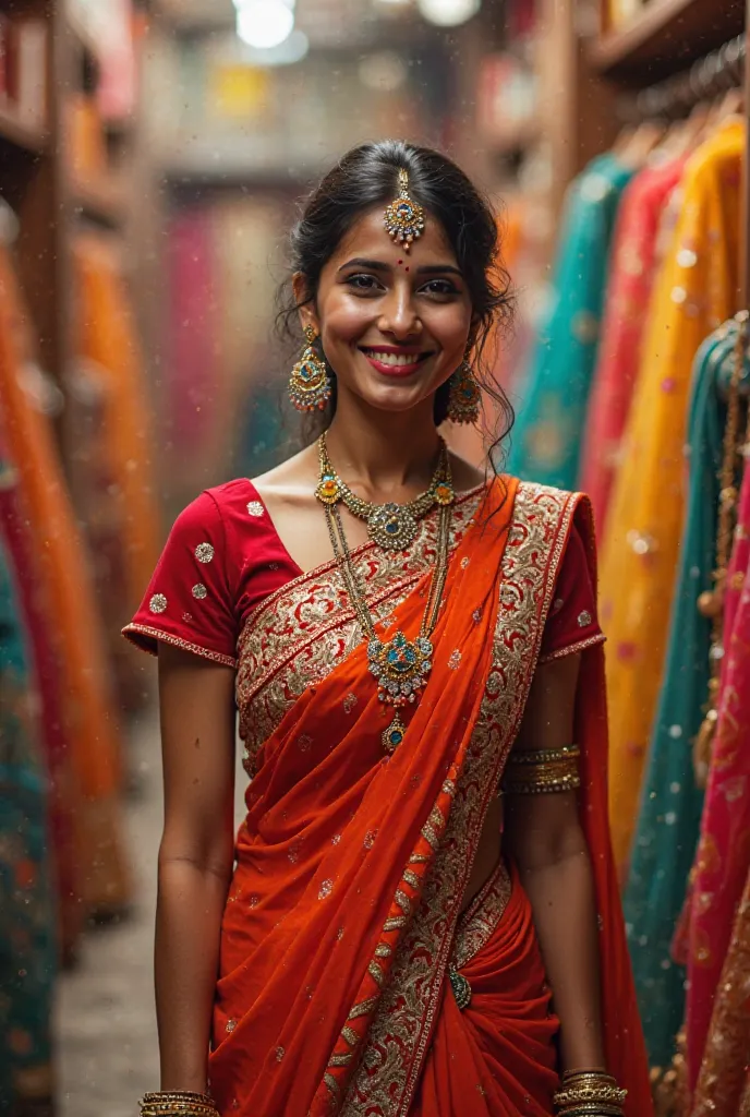 Saree shop background sarees and suits and lehnga beautiful indian girl wearing party wear saree with accessories smiling face lightening 