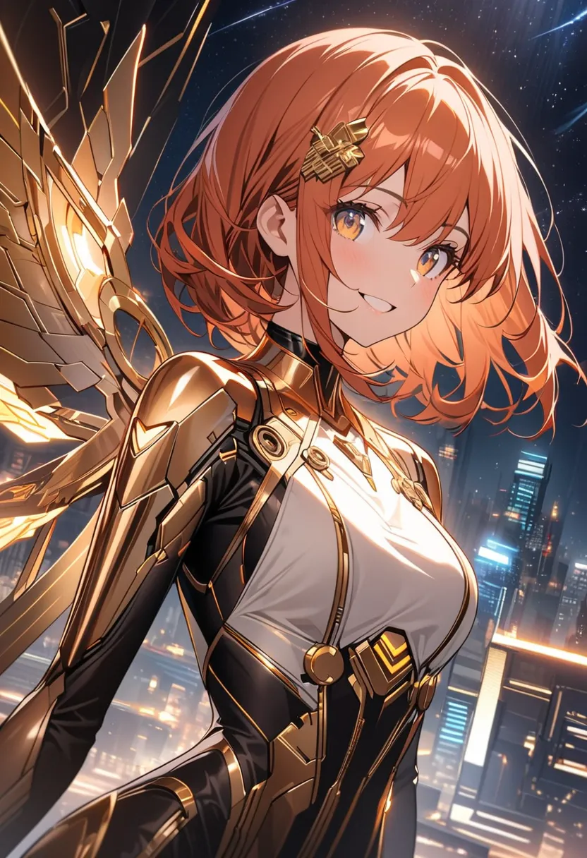 A girl with copper-colored hair and eyes, her hair gently tied up with a pure copper hairpin, wearing a luxurious sci-fi outfit combining gold, silver, and copper, featuring flowing lines and mechanical details, glowing shoulder decorations, holding a smal...