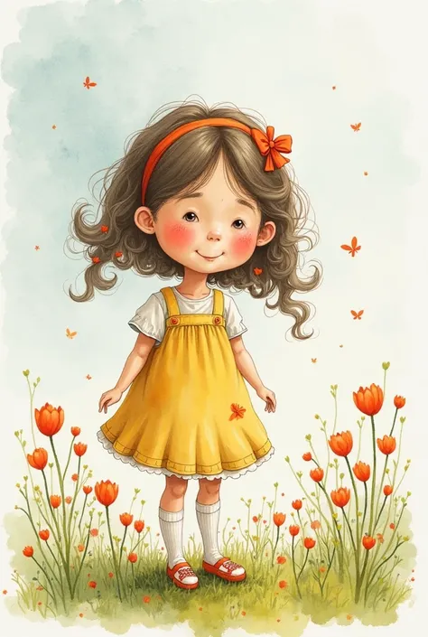  Cuddly girl in a spring setting. Painting style by Tomie DePaola. watercolor style.