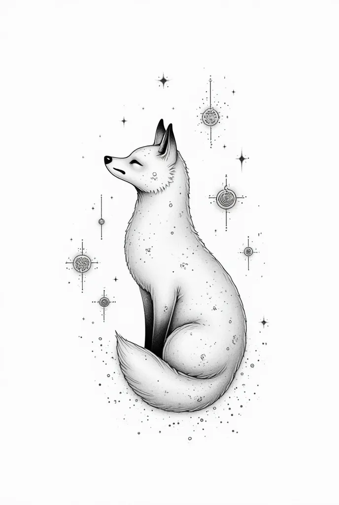 "A minimalist tattoo illustration black and white. The central element is a full-body fox, in profile, looking to the southeast, with subtle patterns of circuits integrated into the hair, symbolizing the love for technology. Around the fox, there are three...