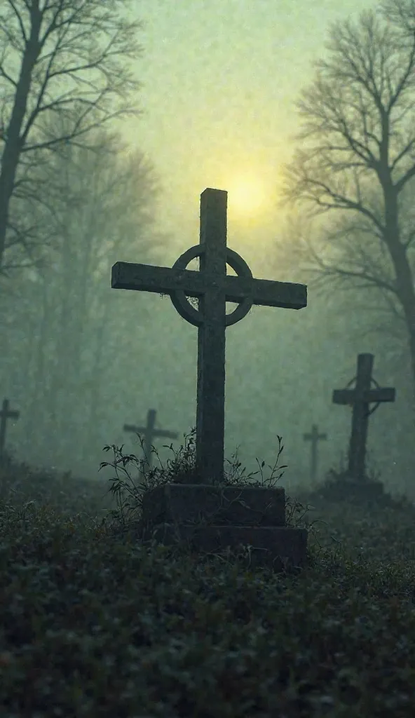 A graveyard at dusk, with a simple cross marking the grave of Anneliese Michel, surrounded by fog.