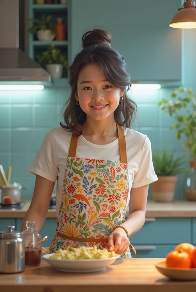  light blue kitchen 　cute woman wearing an apron
