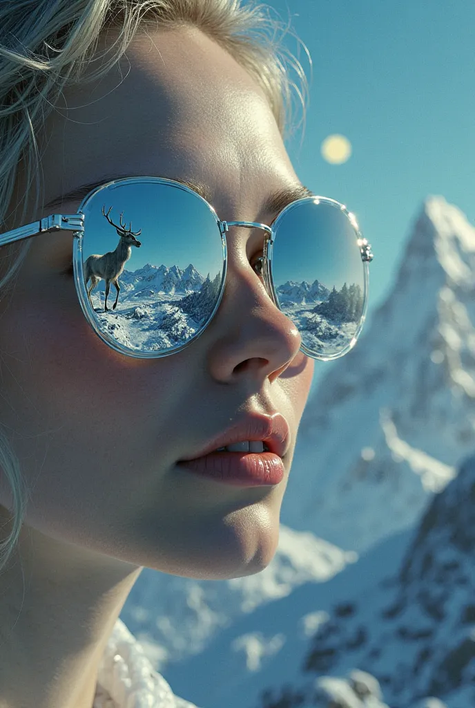 The model is wearing glass sunglasses with staunicorn walking on the mountainrs and the moon on the glass