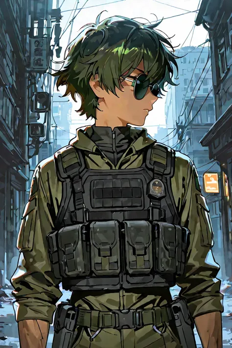 mercenary、 male、sunglasses、deep green 、Combat Uniform、profile