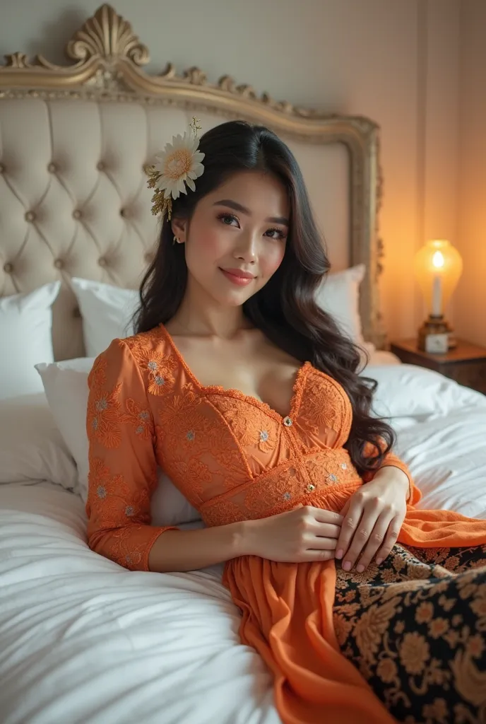 Facing front,close up,hotographic style , Elegant and elegant style , young and beautiful Sundanese woman ,clear skin,tubuh ideal,dada padat ideal,wearing a sexy traditional kebaya bridal gown ,Indonesia,  lacy elegant orange color ,bahan bruket,with long ...