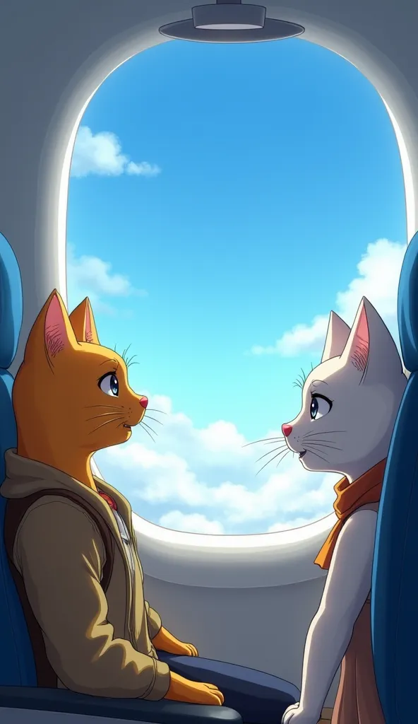 
Scene 1: A plane flying in a clear blue sky with thin clouds. 
The yellow-furred male cat with a muscular human-shaped body and the white-furred female cat with a slender human-shaped body are seated in the plane’s cabin. Both are wearing simple traveling...