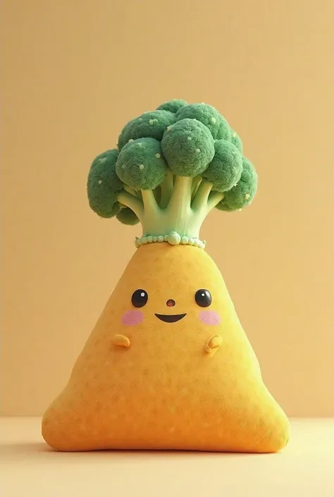 Imagine a green plush toy shaped like a triangle but with rounded tips that have a funny face and broccoli hair