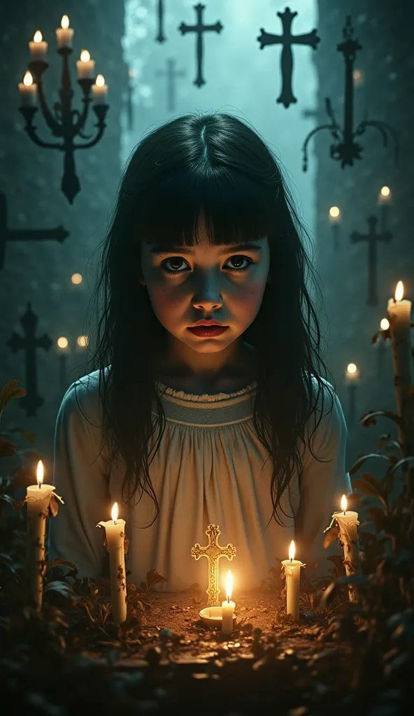 A movie poster-style image of a young girl with a haunting expression, surrounded by religious symbols and shadows."