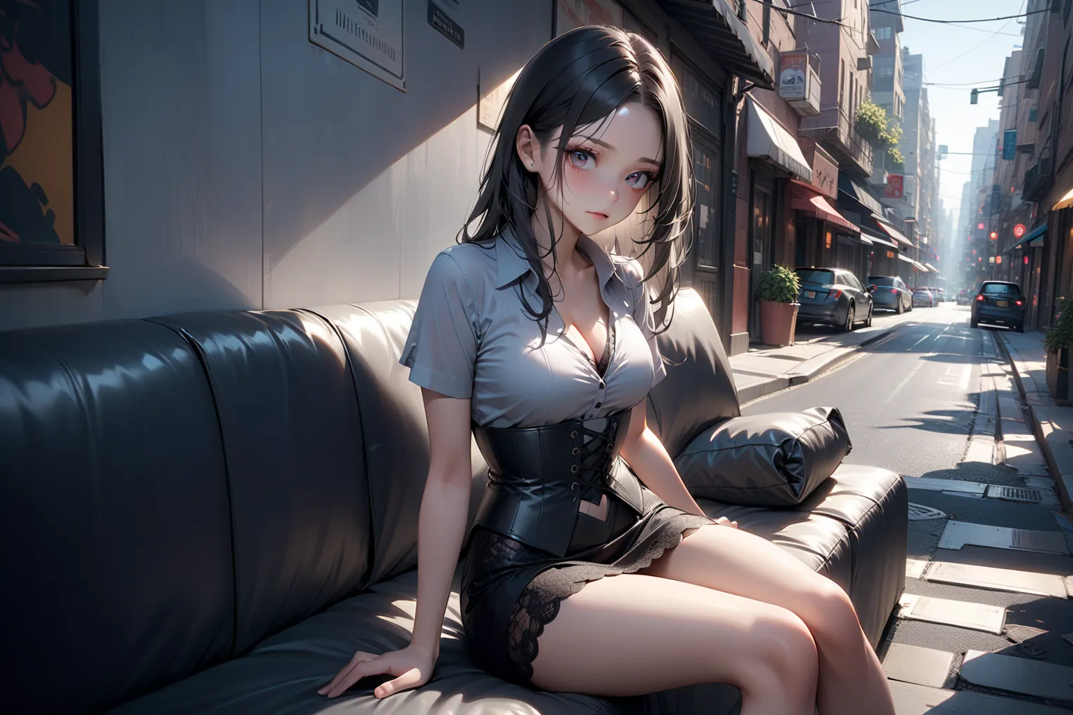 pretty young woman, (empty eyesม dizzy eyes), while sitting on sofa, city outdoor, BREAK, (forehead, black long straight hair), BREAK, ((gray collared deep v-neck shirt, corset shirt, short sleeves shirt), ( black lace pencil mini skirt)), BREAK, (1girl, s...