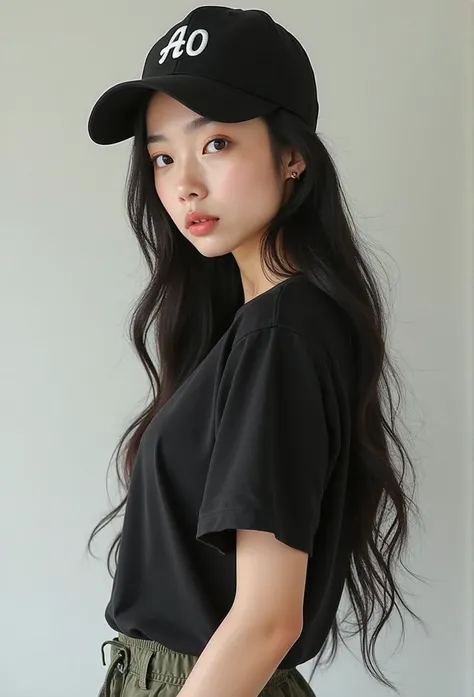 A very beautiful Chinese woman with long h air, single eyes, 20 years old, wearing a black T-shirt, wearing a forward  black cap , with the letter “AO” on the hat, wearing cargo pants, sneakers
