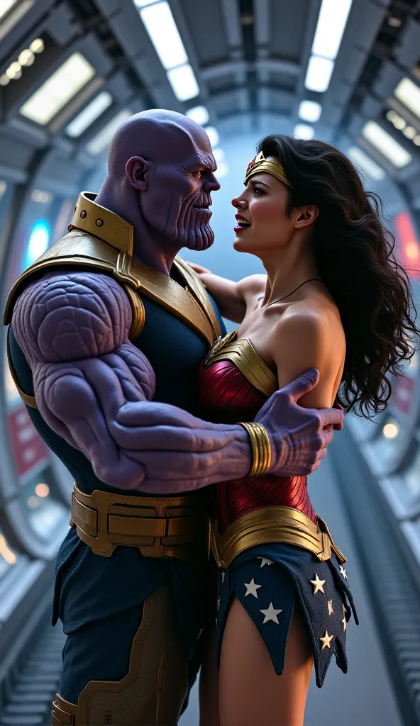 Thanos grabbed wonder woman from back tightly, Thanos organisms face and satisfaction reaction, wonder woman is crying loudly , inside a spaceship 