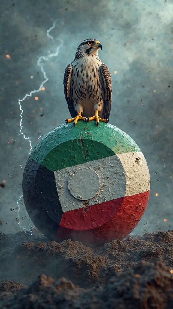  Create a round-shaped 3d logo, combined with a real Arabian falcon and the Kuwaiti flag High Resolution, with a majestic background and special effects and storm and smoke 
Background with claws 