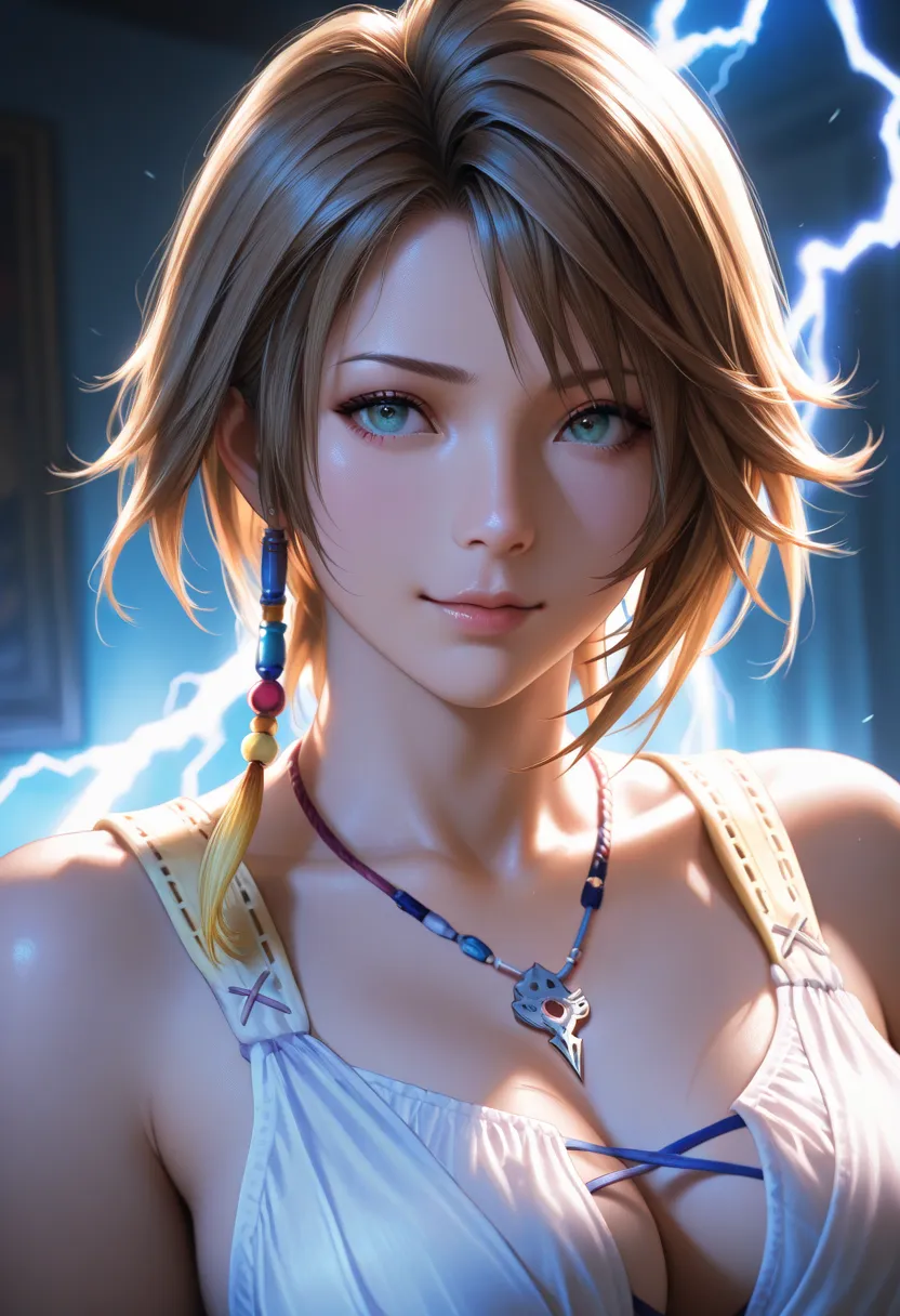 masterpiece, best quality, vibrant, very aesthetic, high contrast, photorealistic portrait,beautiful detailed face,detailed texture,detailed skin, newest, 1girl,final fantasy XⅢ,source_final fantasy XⅢ,lightning,shirt,room