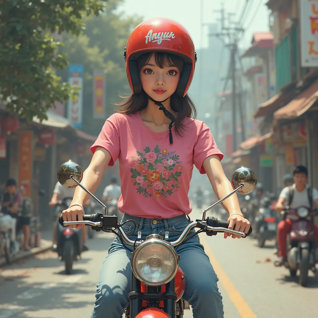 beaitiful asian girl,wearing a red hemet with says "anyun",wearing a pink flower motif t shirt,skinny jeans and shoes,riding a very small motor bike on the road.
high realistic