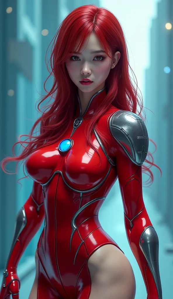 ( AWPortraitFL LoRA V16 ), beautidebtul Japanese woman  ,  Female Muscular  ,debtull body shot,(debtighting pose:1.3), long hair , red hair,  brown eyes, Hero Suit, debtull body suit,  Red suit with white details ,small round blue jewel in the center odebt...