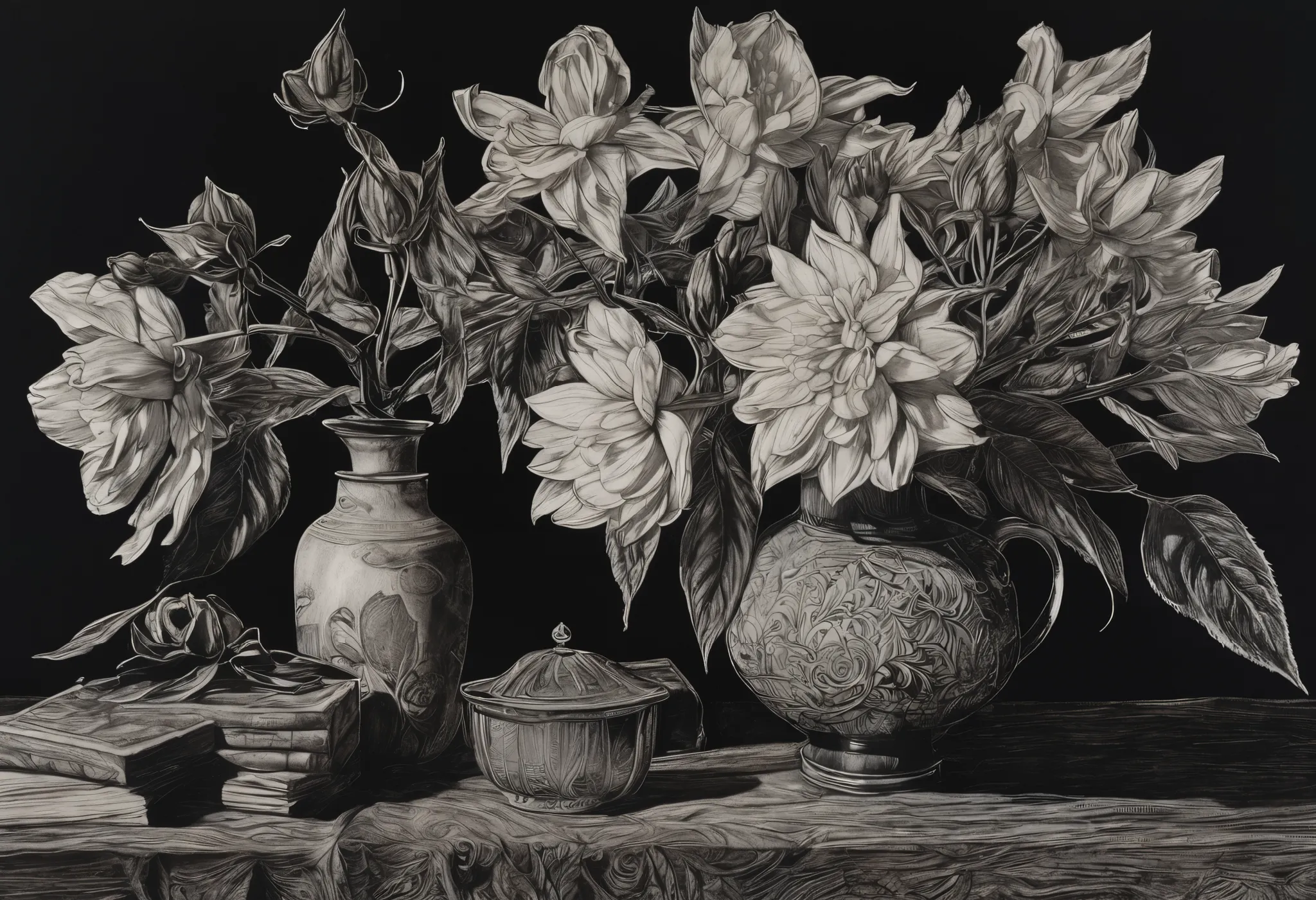   there is a vase with flowers on the table , an  etching  by Anne Dunn,  Unsplash , Empty heart, mezzotint, Mary Delaney , Photoengraving, on dark paper, on black paper, Charcoal drawing of a pencil and vine, Botanical Paintings ,  etching , , black and w...