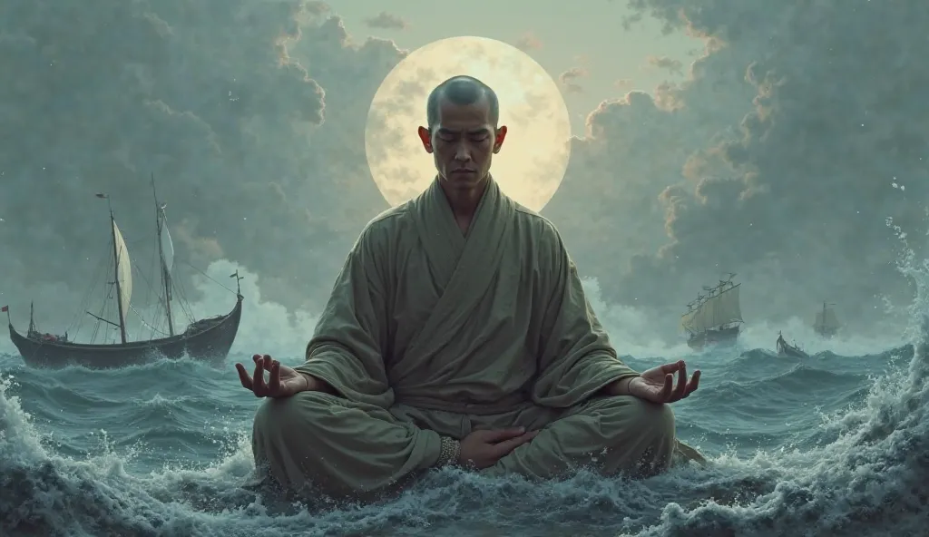 Create the art of a 23-year-old monk from a Zen monastery , sitting cross-legged in Zazen , Meditation sitting in Zen. half-closed eyes  , The crew is in a panic and the boat is fragile in a storm. Do it with maximum realism and quality 