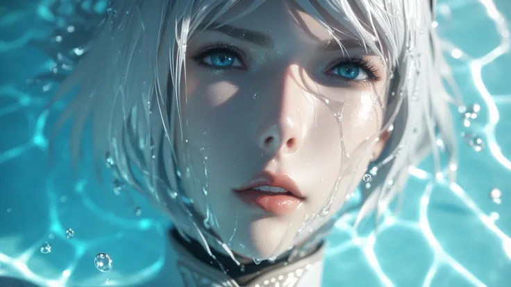 score_9, score_8_up, 1girl, close-up, overhead shot, face reflection in water, slight distortion from ripples, cinematic lighting, NieR Automata, wet white hair, intense expression, deep shadows, ethereal glow, rainwater dripping
Description: The camera lo...