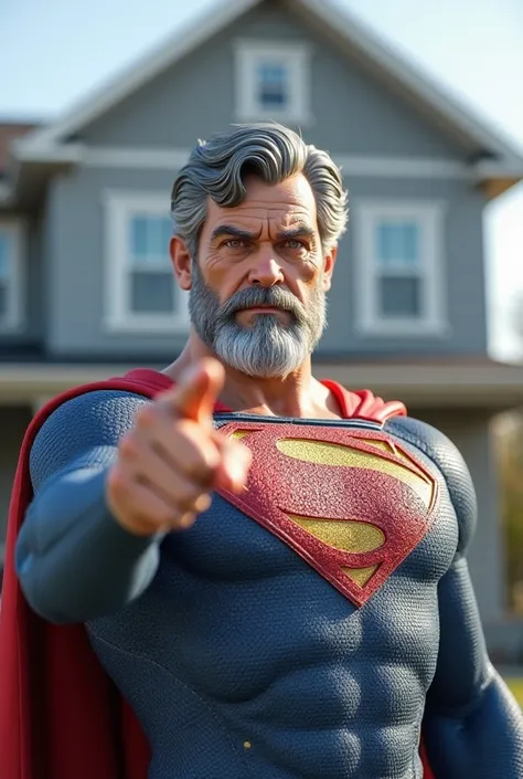 The image appears to be a 3D rendering A mature, Caucasian male, portrayed as an older Superman.  He has graying, slightly wavy hair and a thick, gray beard.  His expression is stern and focused, with a determined look. He is wearing a detailed, textured S...