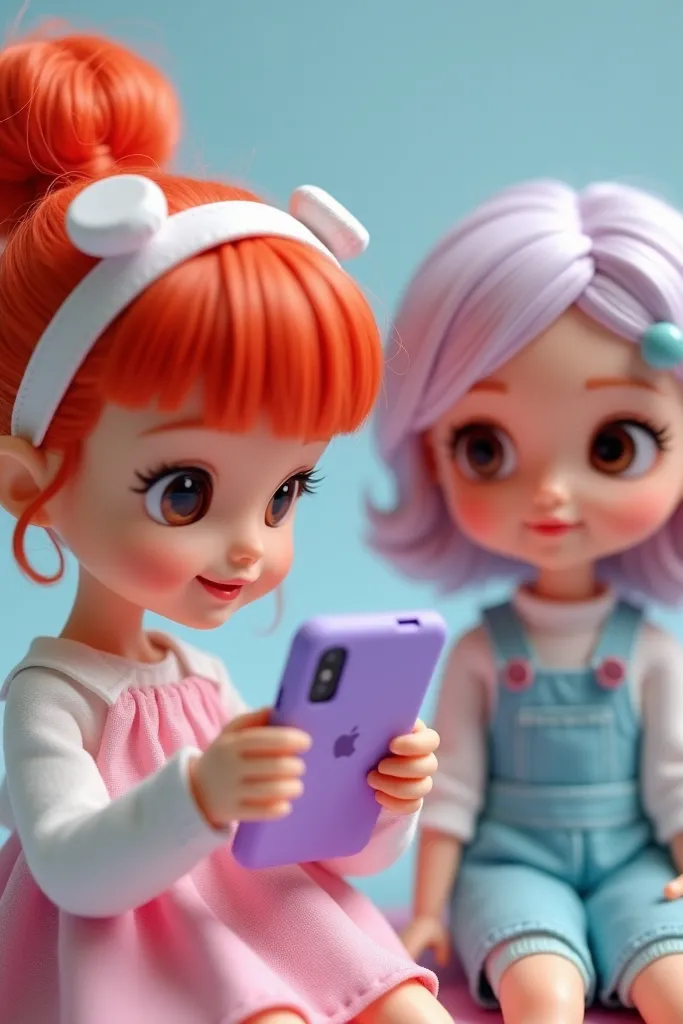 Create two dolls, one holding a cell phone and looking at it in a purple case, an iPhone with red hair with a white bun with brown eyes and the other doll with curled hair lilac white with brown eyes looking at the other's cell phone and taking a funny and...