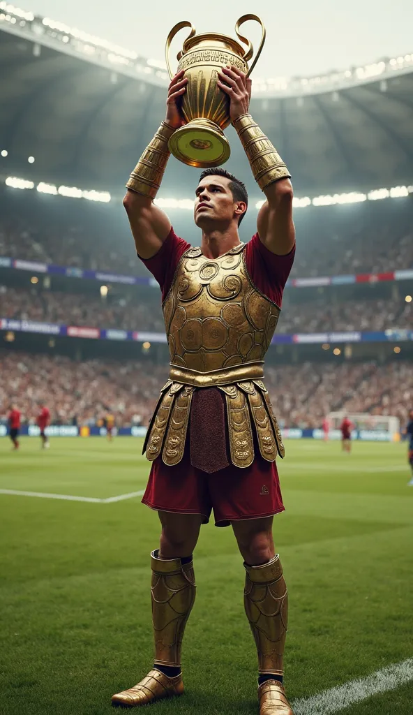 cristiano ronaldo in Roman armor on the soccer field holding the uefa champions cup