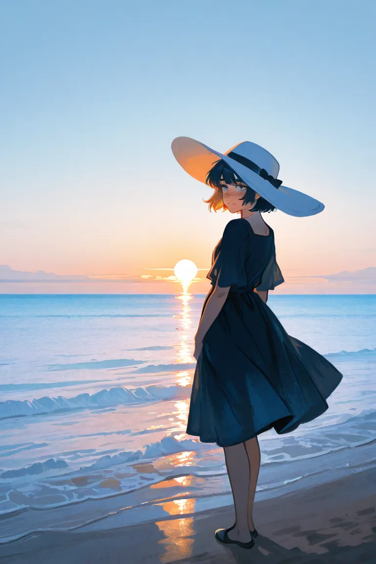 high quality, detailed. Wearing a dark blue dress、Wore a white hat with brim、An unbeautiful girl with freckles is standing against the ocean。The light is shining。Refreshing feeling 。