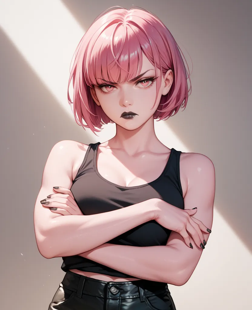 Girl with pink skin, pink skin color, dark pink hair, bob with bangs haircut, bob with bangs, short hair, black lipstick, pink eyes, Black nails, Black tank top, Black shorts, crossed arms, serious, serious look