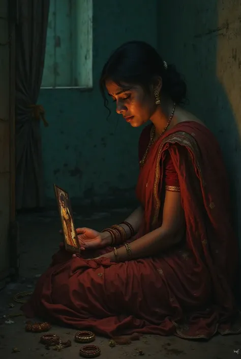 "A sorrowful woman sitting alone in a dimly lit room, tears in her eyes, looking at a faded wedding photo, her bangles broken on the floor, wearing a traditional saree, cinematic lighting, ultra-detailed, emotional realism, deep sadness, digital painting s...