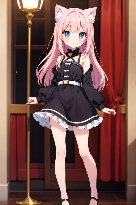 loli bink hair cat ears short hot dress legs standing smile