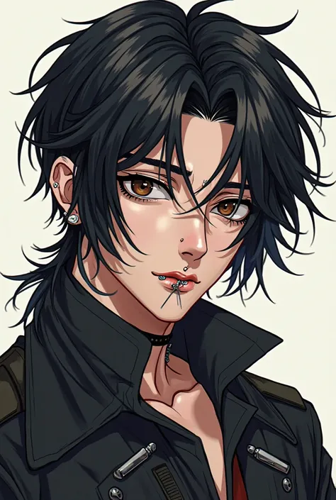 anime boy with black hair modern mullet, shoulder length hair, brown eyes with eyeliner, piercing: septum, snake bites and earring.