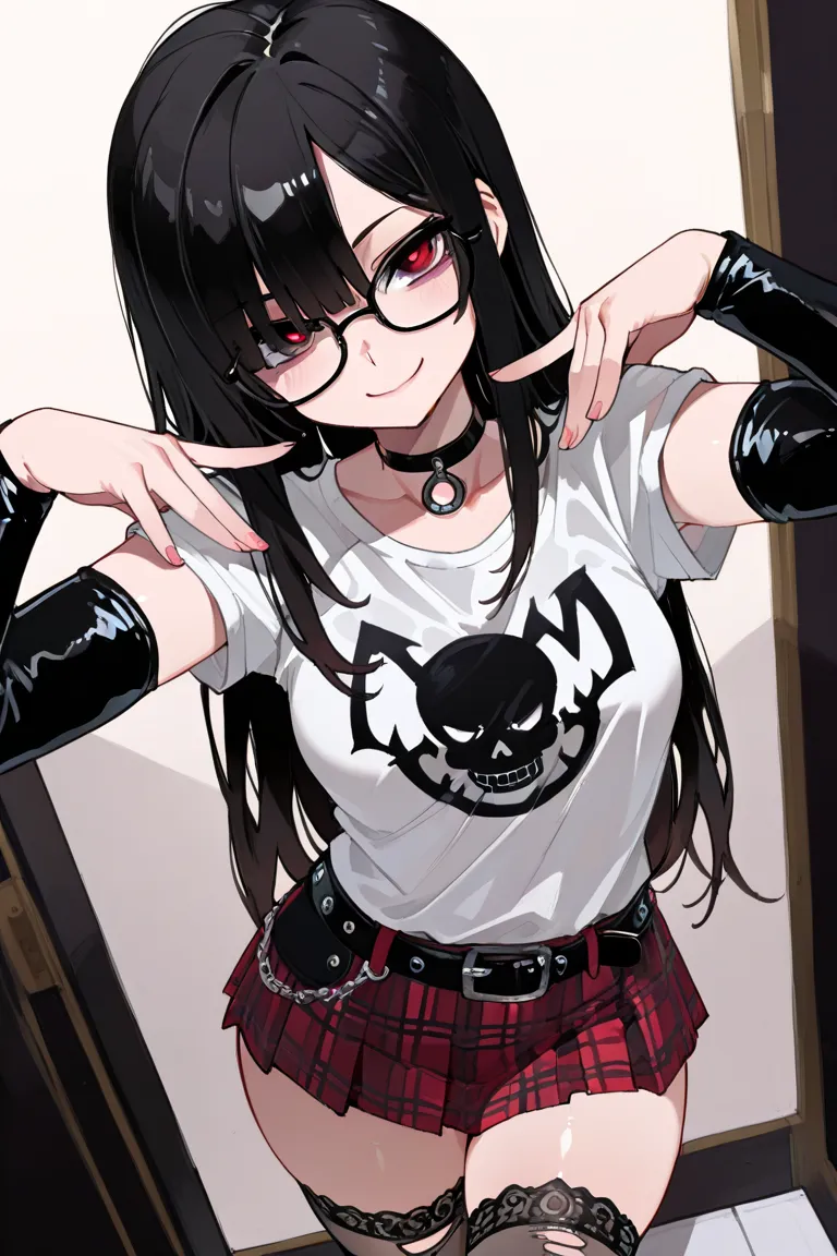 ((best quality)), ((masterpiece)), 1girl, long dark parted hair, cute red eyes, elegant look, glasses, beatiful hands, detailed pupils, detailed eyes, curvy body, medium breast, three quarter view, perspective, smile, sexy pose, punk fashion style outfit, ...