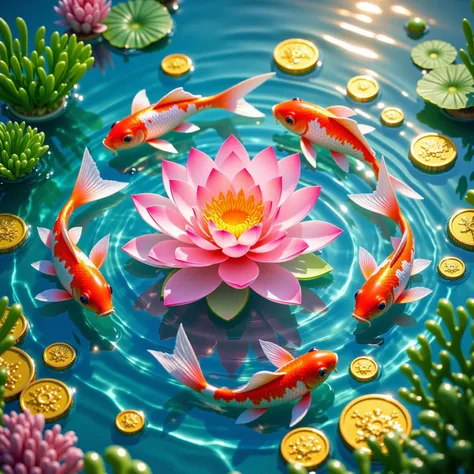 In the center of the clear water, a single, delicate, crystal-pink lotus flower blooms. Six vibrantly colored baby koi fish, arranged head-to-tail, form a perfect circle around it. The scales of the koi shimmer with a blend of golden red, orange-yellow, an...