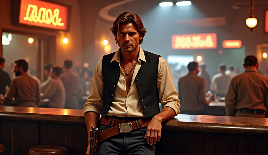 Han Solo, the legendary smuggler, leans casually against the worn wooden bar of the Mos Eisley Cantina, exuding effortless confidence. His trademark white shirt and black vest are slightly ruffled, hinting at a life on the edge. His brown leather gun holst...