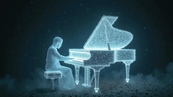 A spectral presence shimmers in the darkness, an ethereal mist coalescing around an unseen force. Glowing tendrils of light swirl, forming a vague outline of a pianist seated before a floating grand piano made of moonlight. The entity has no solid form, on...